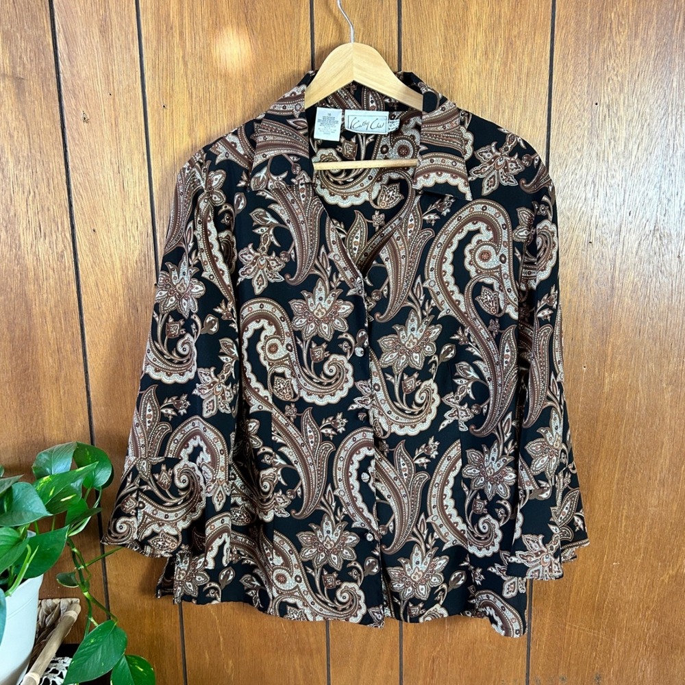 Cathy‎ Che Paisley Print Button Up Long Sleeve Blouse Top Women Size 16